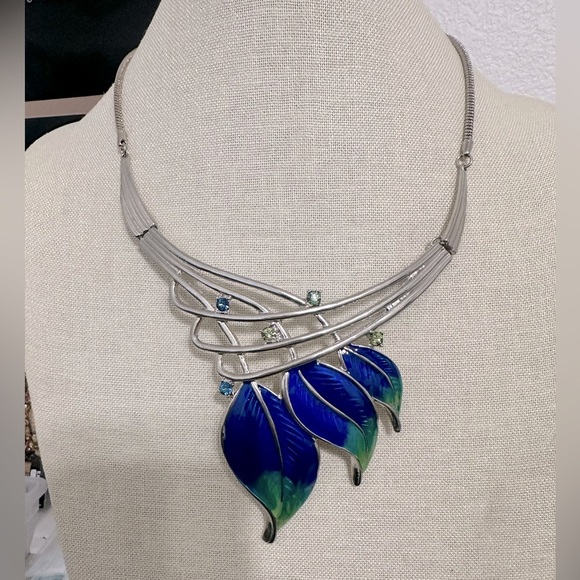 Jewelry - Statement necklace with brilliant blue and green enamel leaves